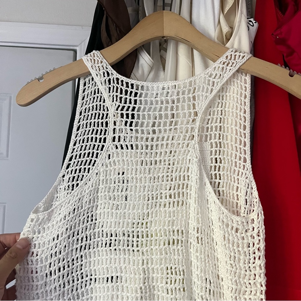 ANNA KOSTUROVA white cotton open crochet knit fringe hem cropped sweater tank - Picture 3 of 6